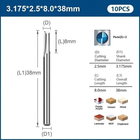 10pcs 3.175mm end end mill cnc bit 2 flute slute slot bit bit cutter for wood mdf cnc cutter (10pcs 1.5x8mm) in Saudi Arabia