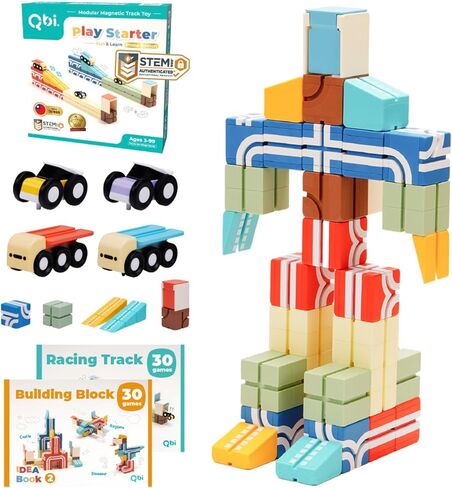QBI Magnetic Blocks Play Starter Set ｜ 4-in-1 STEM Building مع 4 سيارات ومسارات ثلاثية الأبعاد ｜ ألعاب المغناطيس الحسية التعليمية ｜ ألعاب Montessori في مرحلة ما قبل المدرسة للأطفال الذين تتراوح أعمارهم بين 3-5 إلى 8 سنوات من الأولاد والبنات in Kuwait