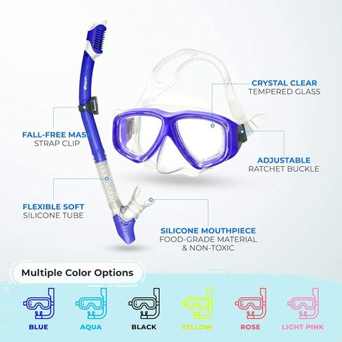 Snorkel Mask and Snorkeling Gear - Dry-Top Snorkel Set with Impact-Resistant Tempered Glass Lens, Anti-Fog Design, Watertight Seal, Adjustable Strap with Carry Case (Crystal Clear Vision) in Kuwait