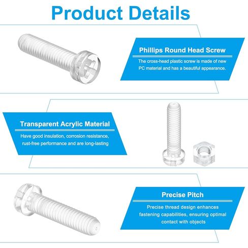 PATIKIL M3x15mm Clear Acrylic Screws and Hex Nuts Kit, 50 Set PC Plastic Phillips Round Head Bolts for Machine Accessories, Transparent in Saudi Arabia