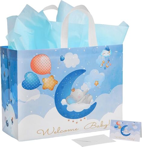GFInYHM 13" Baby Boy Gift Bag for Baby Shower or Birthday with Handle, Tissue Paper and Greeting Card (Elephant) in Saudi Arabia