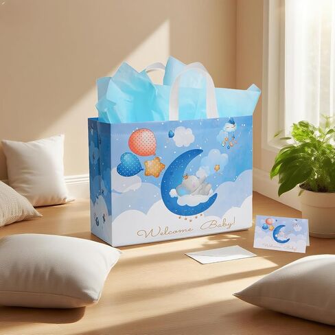 GFInYHM 13" Baby Boy Gift Bag for Baby Shower or Birthday with Handle, Tissue Paper and Greeting Card (Elephant) in Saudi Arabia