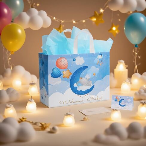 GFInYHM 13" Baby Boy Gift Bag for Baby Shower or Birthday with Handle, Tissue Paper and Greeting Card (Elephant) in Saudi Arabia