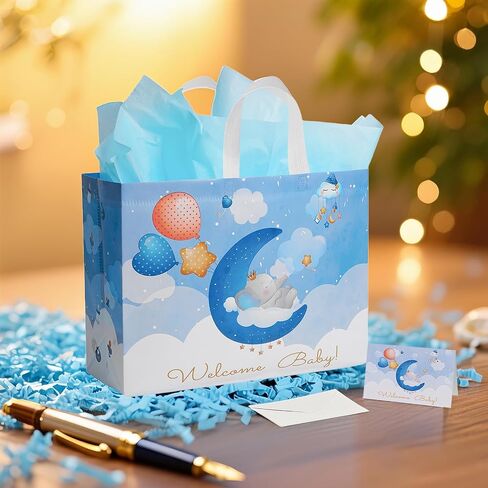 GFInYHM 13" Baby Boy Gift Bag for Baby Shower or Birthday with Handle, Tissue Paper and Greeting Card (Elephant) in Saudi Arabia
