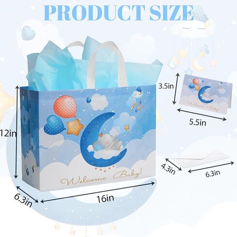 GFInYHM 13" Baby Boy Gift Bag for Baby Shower or Birthday with Handle, Tissue Paper and Greeting Card (Elephant) in Saudi Arabia
