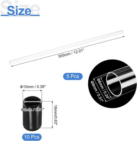 uxcell 5pcs أنابيب أكريليك صلبة صافية ، 6 مم (0.24 ") معرف × 8 مم (0.31") OD 12 "أنبوب أنبوب من البولي الكربوني الدائري مع أغطية مطاطية للسباكة ، والإضاءة ، والموظين ، ومشاريع DIY in Saudi Arabia