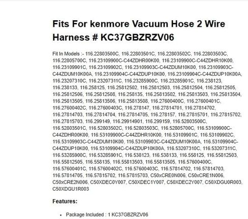 Replacement for Kenmore Fits for Vacuum Hose 2 Wire Harness # KC37GBZRZV06 OEM in Saudi Arabia