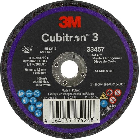 3M Cubitron 3 Cut-Off Wheel 33457, 75 mm x 1.6 mm x 9.53 mm (3 in x 0.0625 in x 3/8 in), Long Lasting Performance, High Cut Rate, for Automotive Cutting and Splicing, Collision Repair, 5 Wheels in Saudi Arabia