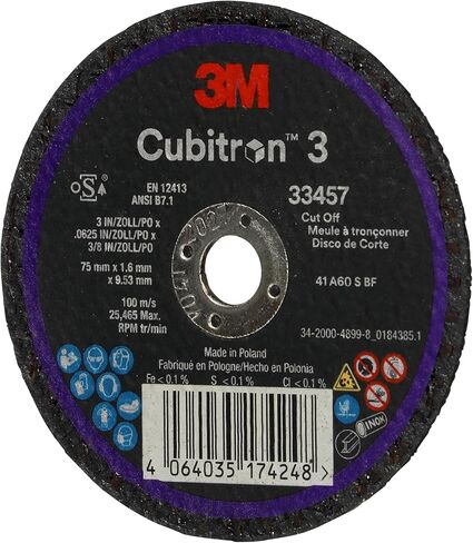 3M Cubitron 3 Cut-Off Wheel 33457, 75 mm x 1.6 mm x 9.53 mm (3 in x 0.0625 in x 3/8 in), Long Lasting Performance, High Cut Rate, for Automotive Cutting and Splicing, Collision Repair, 5 Wheels in Saudi Arabia