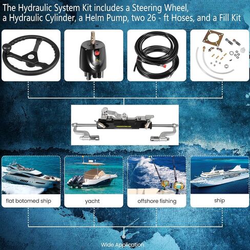 300HP Hydraulic Steering Kit with Steering Wheel - Complete Marine System for Single Station, Single-Engine use Built-in Two-Way Lock Cylinder, 300HP Pump and 26ft High-Strength Nylon Hose in Saudi Arabia