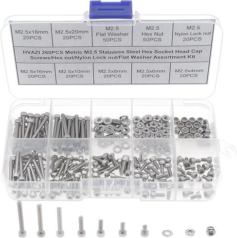 HVAZI Metric M2.5 Stainless Steel Socket Head Cap Screws/Hex Nuts/Nylon Lock nut/Flat Washer Assortment Kit in Kuwait