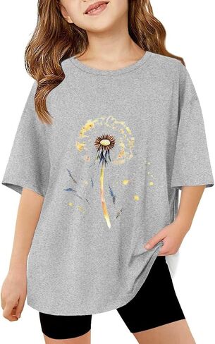 Tshirts كبيرة الحجم لفتاة Kids الرسومات المحملات الزهرية طاقم الرقبة القصيرة بلوزة شباب الصيف غير الرسمي قمم فضفاضة كبيرة الحجم in Saudi Arabia