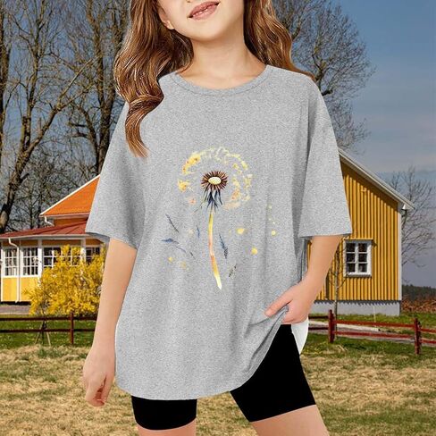 Tshirts كبيرة الحجم لفتاة Kids الرسومات المحملات الزهرية طاقم الرقبة القصيرة بلوزة شباب الصيف غير الرسمي قمم فضفاضة كبيرة الحجم in Saudi Arabia
