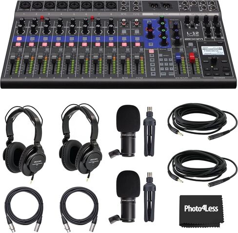 Zoom LiveTrak L-12 Digital Mixer & Multitrack Recorder Bundle With Zoom ZDM-1 Podcast Dynamic Microphone, ZHP-1 Headphones, TPS-4 Tripod, Windscreen, XLR Cable in Saudi Arabia