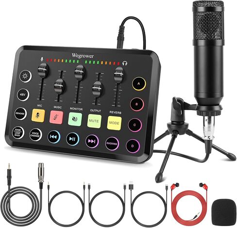 Rechargeable Audio Mixer for Gaming & Podcasting - 48V Phantom Power, Dual Mic Inputs, RGB Lighting, 1-Click Noise Cancel, Voice Changer, Plug & Play (W-11) in Kuwait