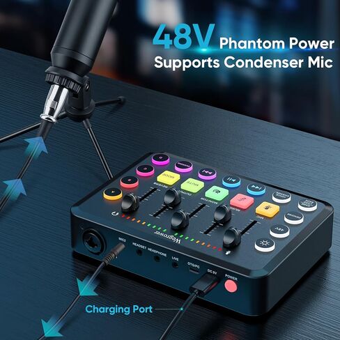 Rechargeable Audio Mixer for Gaming & Podcasting - 48V Phantom Power, Dual Mic Inputs, RGB Lighting, 1-Click Noise Cancel, Voice Changer, Plug & Play (W-11) in Kuwait