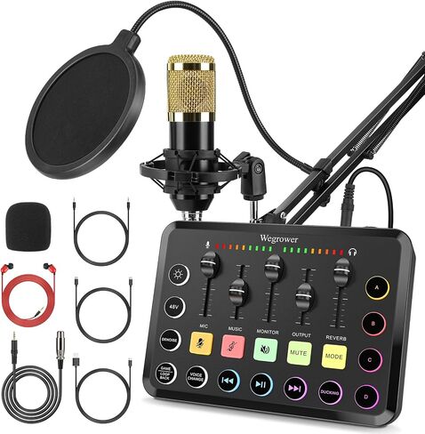 Rechargeable Audio Mixer for Gaming & Podcasting - 48V Phantom Power, Dual Mic Inputs, RGB Lighting, 1-Click Noise Cancel, Voice Changer, Plug & Play (W-11) in Kuwait