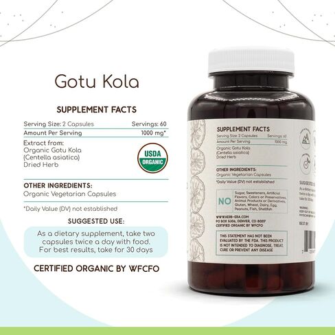 كبسولات GOTU KOLA USDA | كبسولات نباتية عضوية معتمدة ، مكملات الغذائية العشبية | Centella Asiatica المجفف العشبة (60 عدد) in Saudi Arabia