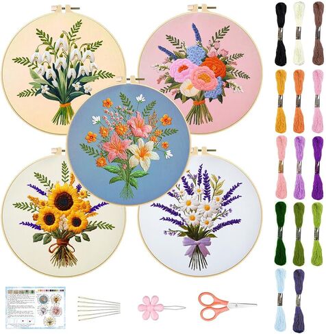 ACRNIGHEET 4PCS Embroidery Kit for Beginners Flowers Embroidery Starter Kit with Instructions, Including 4 Stamped Embroidery Cloth, Various Accessories, Handmade Gifts in Saudi Arabia