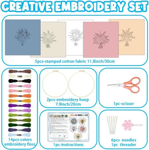 ACRNIGHEET 4PCS Embroidery Kit for Beginners Flowers Embroidery Starter Kit with Instructions, Including 4 Stamped Embroidery Cloth, Various Accessories, Handmade Gifts in Saudi Arabia