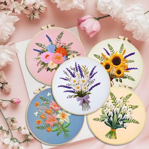 ACRNIGHEET 4PCS Embroidery Kit for Beginners Flowers Embroidery Starter Kit with Instructions, Including 4 Stamped Embroidery Cloth, Various Accessories, Handmade Gifts in Saudi Arabia