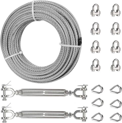 50FT 3/16" Wire Rope Kit, 3/16" Stainless Steel Cable with 2 Pcs 1/4 Turnbuckle, Wire Rope Clamp& Thimble, 7X19 Strands Aircraft Cable, 3700lbs Breaking Strength for Zipline, Deck Railing in Saudi Arabia