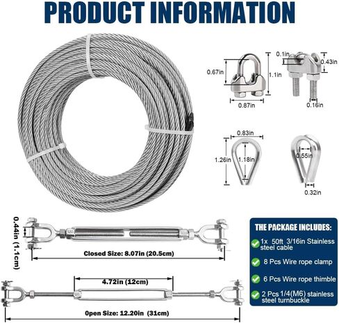 50FT 3/16" Wire Rope Kit, 3/16" Stainless Steel Cable with 2 Pcs 1/4 Turnbuckle, Wire Rope Clamp& Thimble, 7X19 Strands Aircraft Cable, 3700lbs Breaking Strength for Zipline, Deck Railing in Saudi Arabia