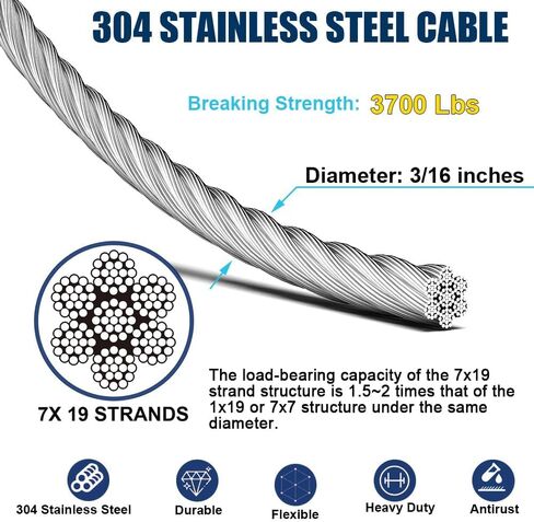 50FT 3/16" Wire Rope Kit, 3/16" Stainless Steel Cable with 2 Pcs 1/4 Turnbuckle, Wire Rope Clamp& Thimble, 7X19 Strands Aircraft Cable, 3700lbs Breaking Strength for Zipline, Deck Railing in Saudi Arabia