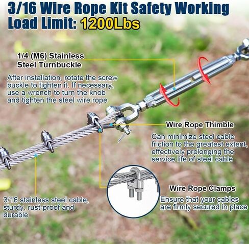 50FT 3/16" Wire Rope Kit, 3/16" Stainless Steel Cable with 2 Pcs 1/4 Turnbuckle, Wire Rope Clamp& Thimble, 7X19 Strands Aircraft Cable, 3700lbs Breaking Strength for Zipline, Deck Railing in Saudi Arabia