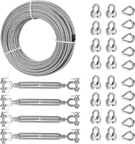 50FT 3/16" Wire Rope Kit, 3/16" Stainless Steel Cable with 2 Pcs 1/4 Turnbuckle, Wire Rope Clamp& Thimble, 7X19 Strands Aircraft Cable, 3700lbs Breaking Strength for Zipline, Deck Railing in Saudi Arabia