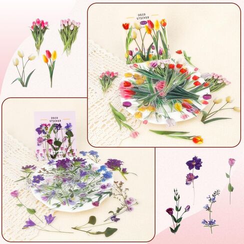 Transparent Flower Stickers for Scrapbooking, 80Pcs Self-Adhesive Nature Plant Floral Stickers, Colorful Clear Press Flower Sticker for Scrapbooking Journaling Laptops DIY Craft Daily Planner in Saudi Arabia