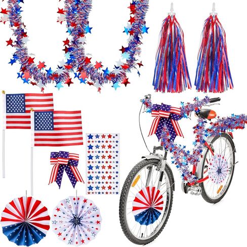 4th of July Bike Decoration Kit Parade Patriotic Red White and Blue Tinsel Garlands Bike Streamers American Bow USA Flags Star Stickers Bicycle Decorations for Independence Day in Saudi Arabia