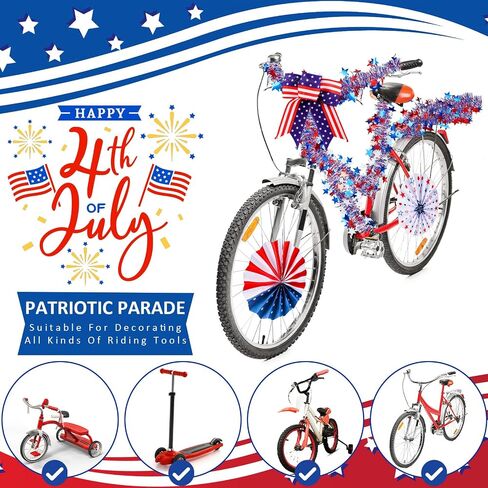 4th of July Bike Decoration Kit Parade Patriotic Red White and Blue Tinsel Garlands Bike Streamers American Bow USA Flags Star Stickers Bicycle Decorations for Independence Day in Saudi Arabia