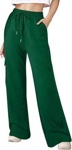 سروال رياضي عالي الخصر للسيدات مع جيوب واسعة الساق الساق السفرف فضفاضة السراويل الناعمة ساق مستقيمة ناعمة in Kuwait