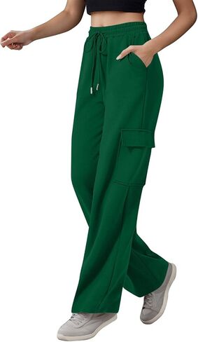 سروال رياضي عالي الخصر للسيدات مع جيوب واسعة الساق الساق السفرف فضفاضة السراويل الناعمة ساق مستقيمة ناعمة in Kuwait