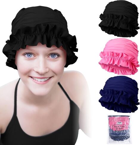 Soulchen 3 PCS CAP CAP Women Ontern مع حواف متكفرة من نايلون قطعة قماش للسباحة للنساء القبعات الاستحمام in Kuwait