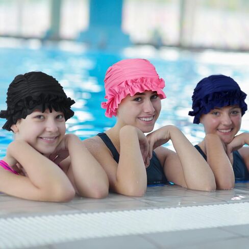 Soulchen 3 PCS CAP CAP Women Ontern مع حواف متكفرة من نايلون قطعة قماش للسباحة للنساء القبعات الاستحمام in Kuwait
