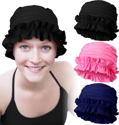 Soulchen 3 PCS CAP CAP Women Ontern مع حواف متكفرة من نايلون قطعة قماش للسباحة للنساء القبعات الاستحمام in Kuwait