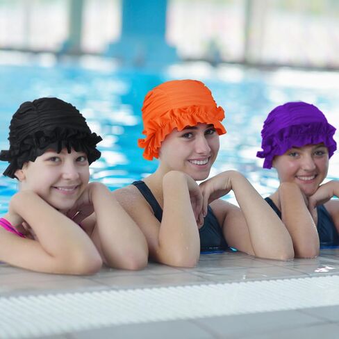 Soulchen 3 PCS CAP CAP Women Ontern مع حواف متكفرة من نايلون قطعة قماش للسباحة للنساء القبعات الاستحمام in Saudi Arabia