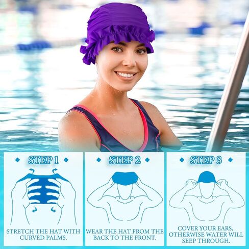 Soulchen 3 PCS CAP CAP Women Ontern مع حواف متكفرة من نايلون قطعة قماش للسباحة للنساء القبعات الاستحمام in Saudi Arabia