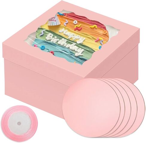 BakePacker 36pcs 12x12x8 بوصة صناديق كعكة مع نافذة - 18 عبوات صناديق وألواح كعكة بيضاء + 10 أمتار شريط الحرير in Kuwait