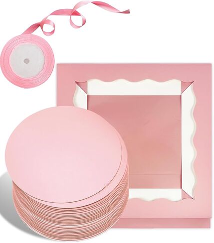 BakePacker 36pcs 12x12x8 بوصة صناديق كعكة مع نافذة - 18 عبوات صناديق وألواح كعكة بيضاء + 10 أمتار شريط الحرير in Kuwait