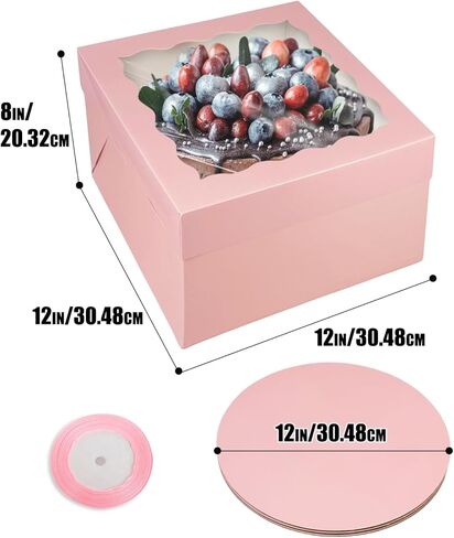 BakePacker 36pcs 12x12x8 بوصة صناديق كعكة مع نافذة - 18 عبوات صناديق وألواح كعكة بيضاء + 10 أمتار شريط الحرير in Kuwait