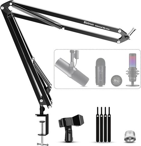 Bietrun Mic Arm Desk Mount(Longer)for Shure SM7B/MV7/Blue Yeti/Nano/Hyperx Quadcast, Adjustable 360° Rotatable Universal Heavy Duty Metal Mic Arm with 3/8" to 5/8" Adapter, Cable Trough, Headset Hook in Saudi Arabia