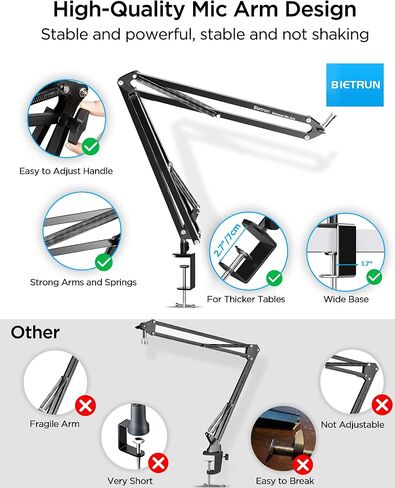 Bietrun Mic Arm Desk Mount(Longer)for Shure SM7B/MV7/Blue Yeti/Nano/Hyperx Quadcast, Adjustable 360° Rotatable Universal Heavy Duty Metal Mic Arm with 3/8" to 5/8" Adapter, Cable Trough, Headset Hook in Saudi Arabia