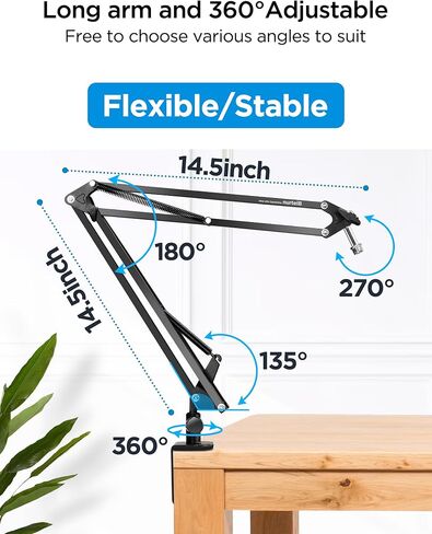 Bietrun Mic Arm Desk Mount(Longer)for Shure SM7B/MV7/Blue Yeti/Nano/Hyperx Quadcast, Adjustable 360° Rotatable Universal Heavy Duty Metal Mic Arm with 3/8" to 5/8" Adapter, Cable Trough, Headset Hook in Saudi Arabia