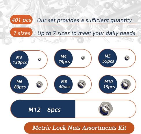 NYLON INSERT LOCK NUTS 401PCS 304 FESTER NYLON NYLON LOCKNUTS METIC DIN 985 مجموعة مجموعة من المكسرات القفل مع مربع التخزين M3 إلى M12 مقاوم للتآكل لمادة RC Machinery Machinery DIY in Saudi Arabia