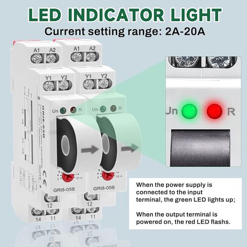 ZPSHYD GRI8-05A ترحيل مراقب تيار التيار المتردد ، مراقبة التيار الزائد القابل للتعديل 2-20A ، مؤشر LED 35 مم تثبيت السكك الحديدية للأتمتة الصناعية الحالية in Kuwait