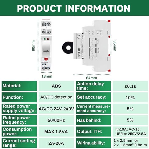 ZPSHYD GRI8-05A ترحيل مراقب تيار التيار المتردد ، مراقبة التيار الزائد القابل للتعديل 2-20A ، مؤشر LED 35 مم تثبيت السكك الحديدية للأتمتة الصناعية الحالية in Kuwait