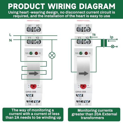 ZPSHYD GRI8-05A ترحيل مراقب تيار التيار المتردد ، مراقبة التيار الزائد القابل للتعديل 2-20A ، مؤشر LED 35 مم تثبيت السكك الحديدية للأتمتة الصناعية الحالية in Kuwait